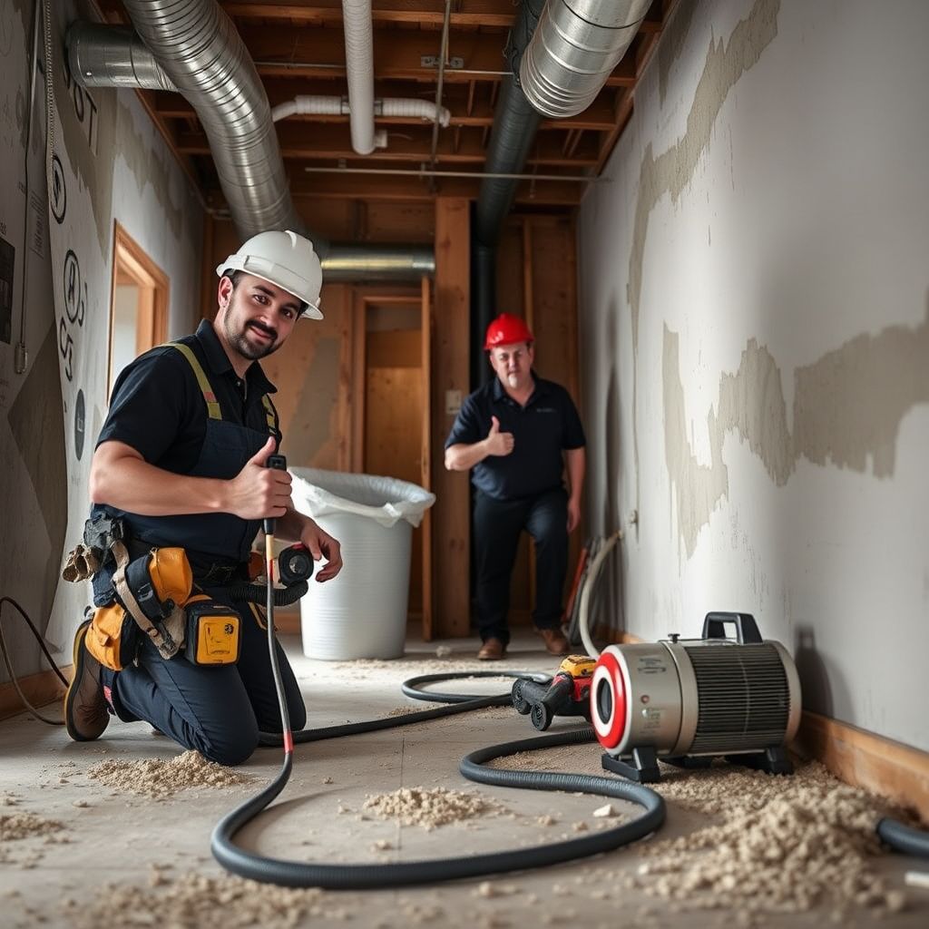A certified mold remediation technician in protective gear explaining the remediation process to a homeowner in a clean, well-lit Duncanville living room, pointing to a diagram.