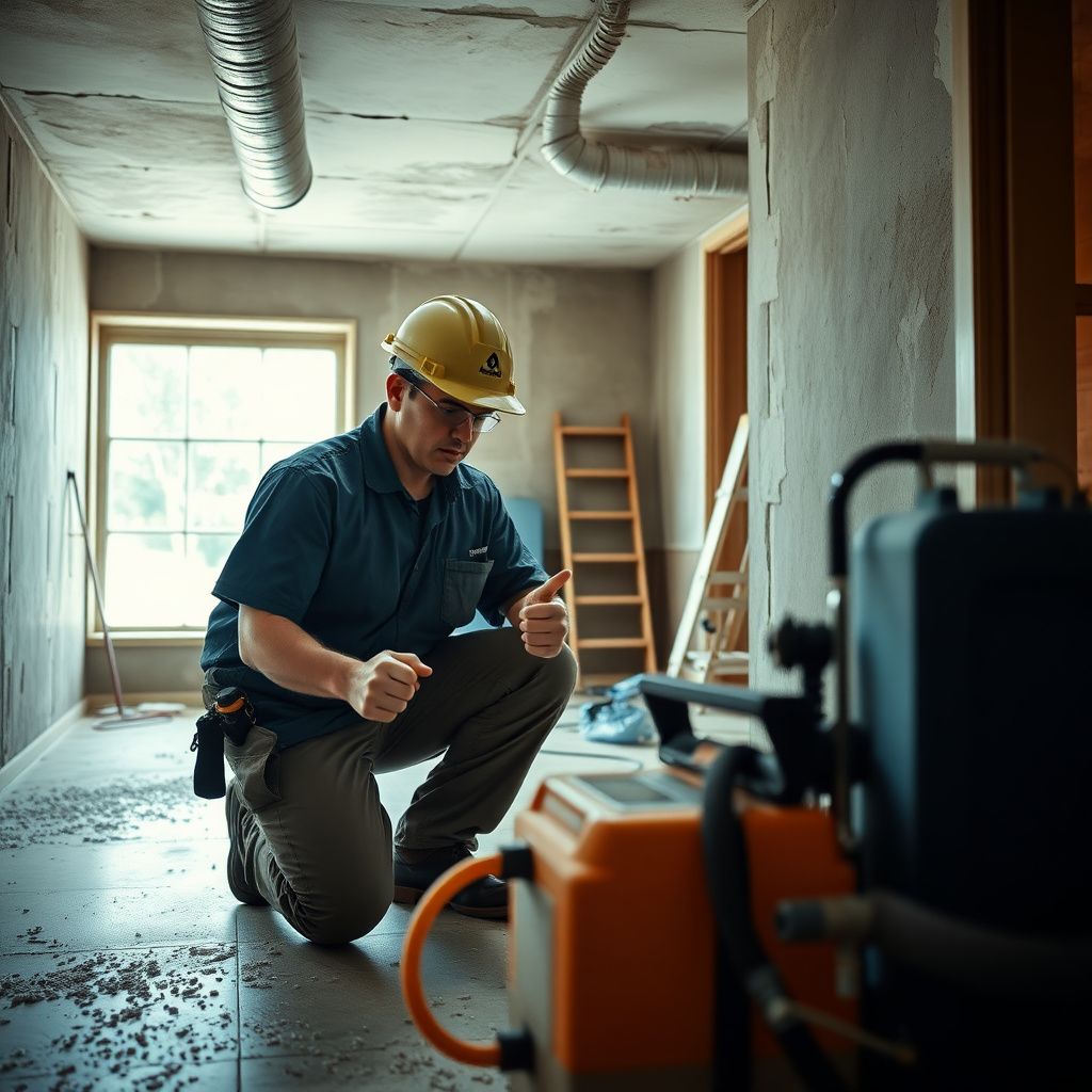 A certified mold remediation technician explaining the process to a Richardson homeowner, pointing to a moisture meter reading on a wall.