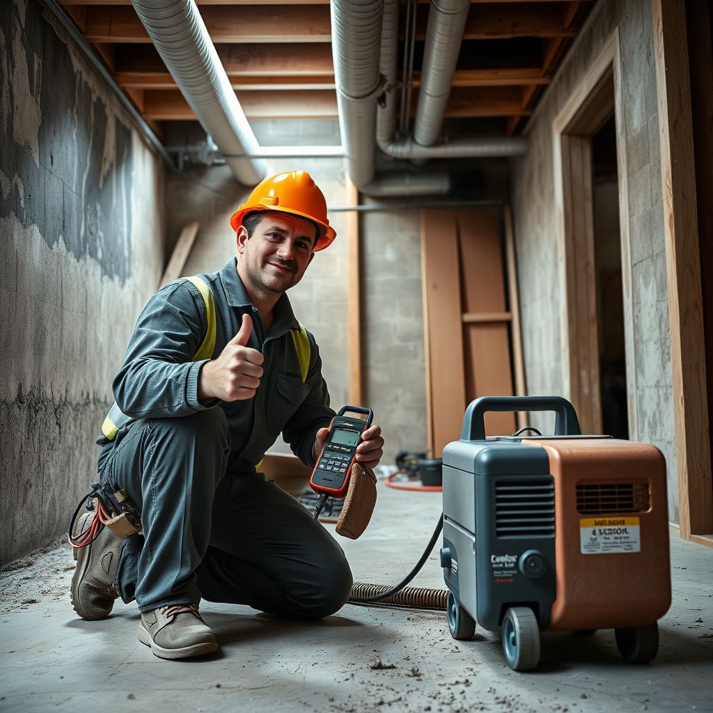 A certified mold remediation technician in Mesquite, Texas, explaining the remediation process to a homeowner in their living room, pointing to a diagram.